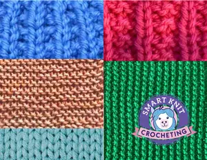 A collage of 2-row repeat knit swatches