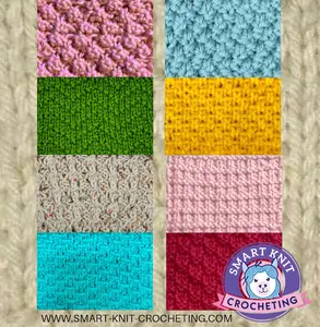 A collage of 4-row knitting stitch pattern swatches