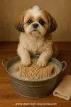 A small Shih Tzu dog sits behind a wash bowl, washing a knit sweater.
