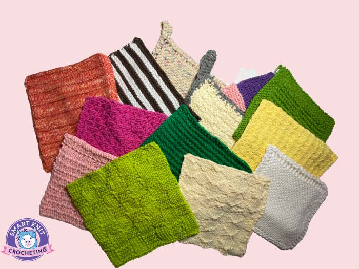 an assortment of knit dishcloths in various colors
