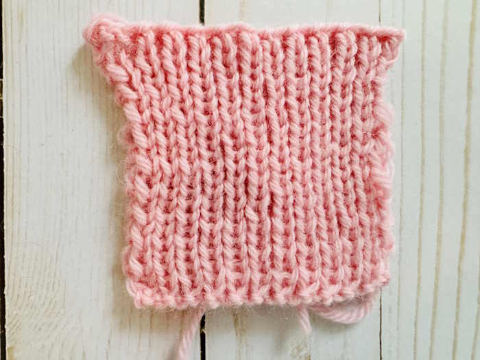 1 x 1 Ribbing Mistakes Swatch 1 x 1 swatch showing many different tension problems