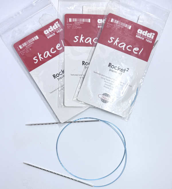 Three packages of Addi Rocket Circular Needles and one circular needle showing