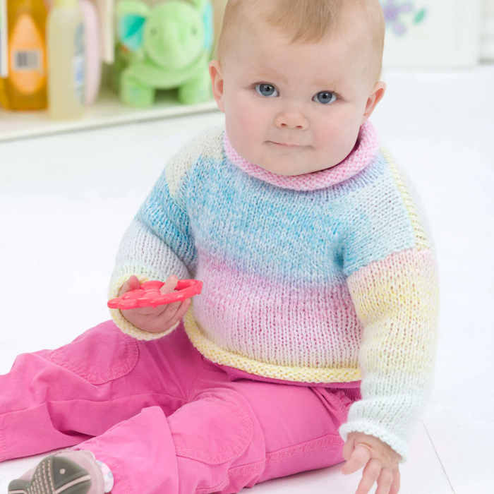 Red-heart-keep-em-cozy-pullover knit baby sweater by Yarnspiration