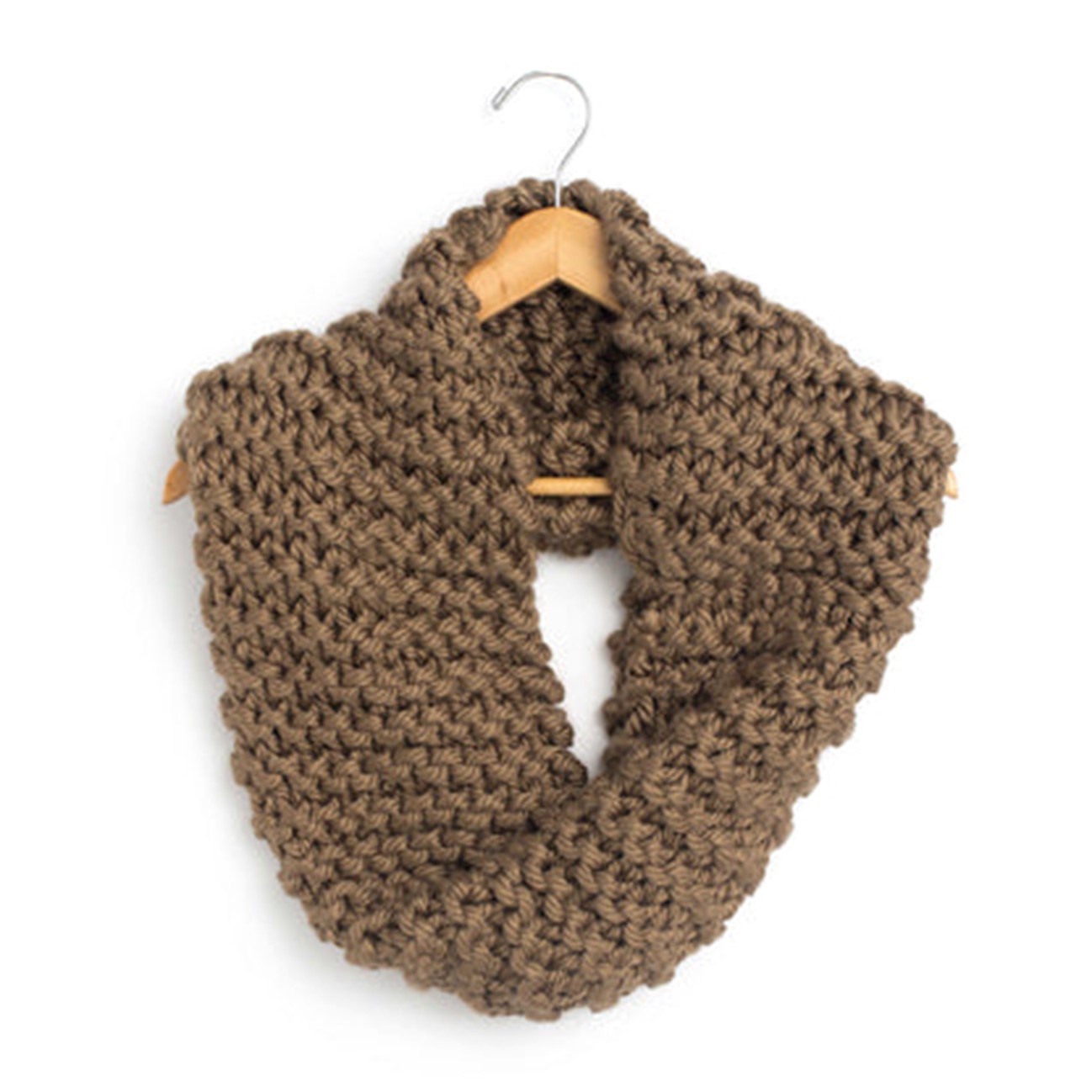 A Bernat simple garter stitch cowl on a hanger