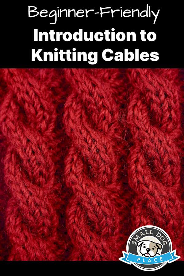 A swatch of a cable stitch worked in red yarn on a pin image