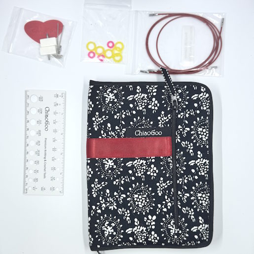 The ChiaoGoo Interchangeable needle kit shown with accessories.