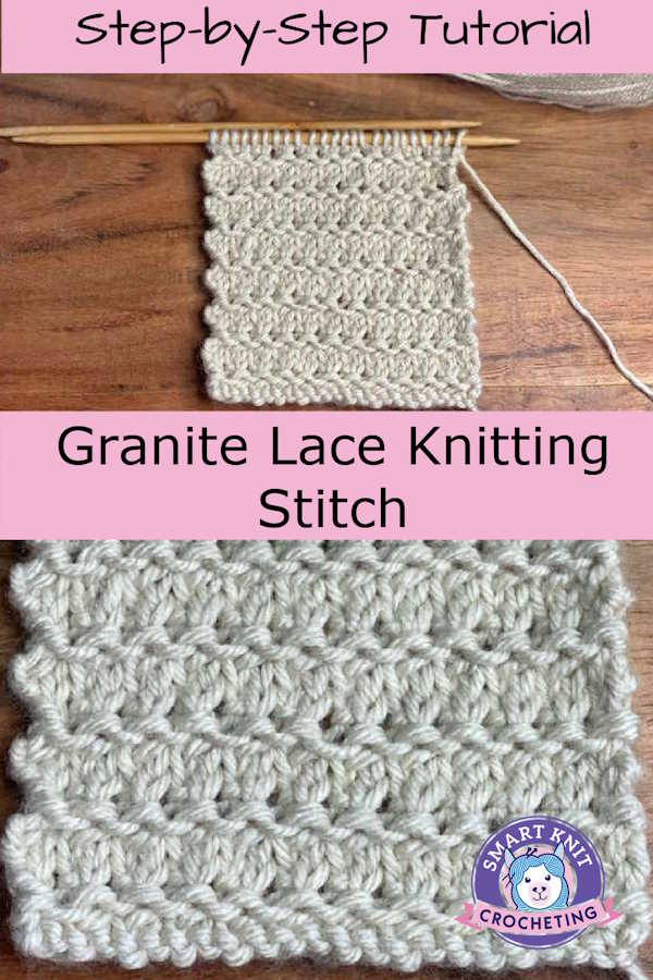 The granite lace knitting stitch pattern worked in a cream color acrylic is worked into a pin image