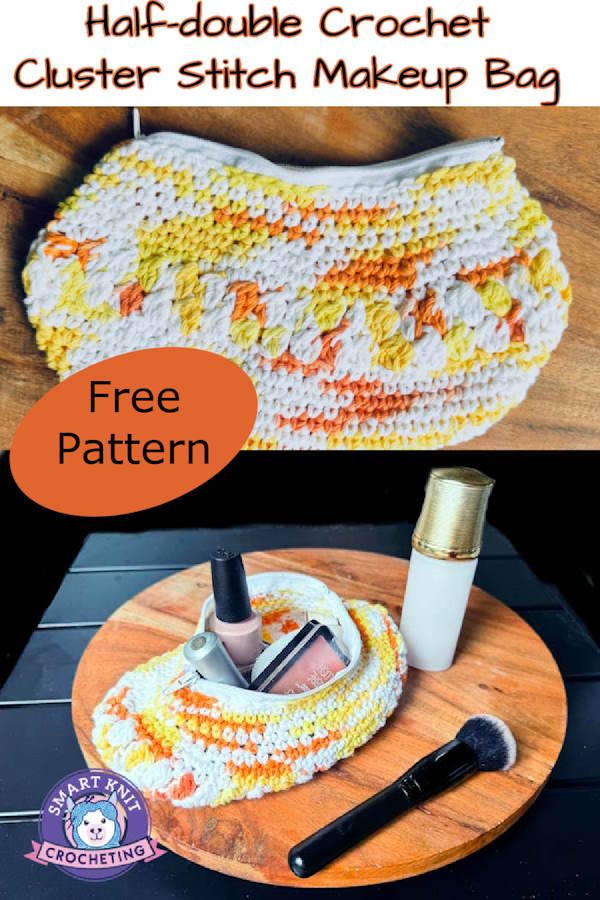 Half double crochet cluster stitch make up bag pin image