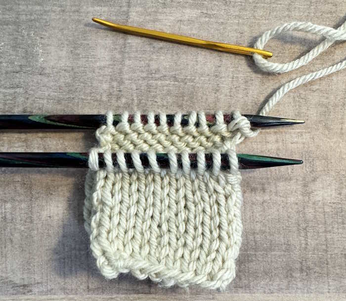 Set up of the kitchener stitch showing swatches on needles