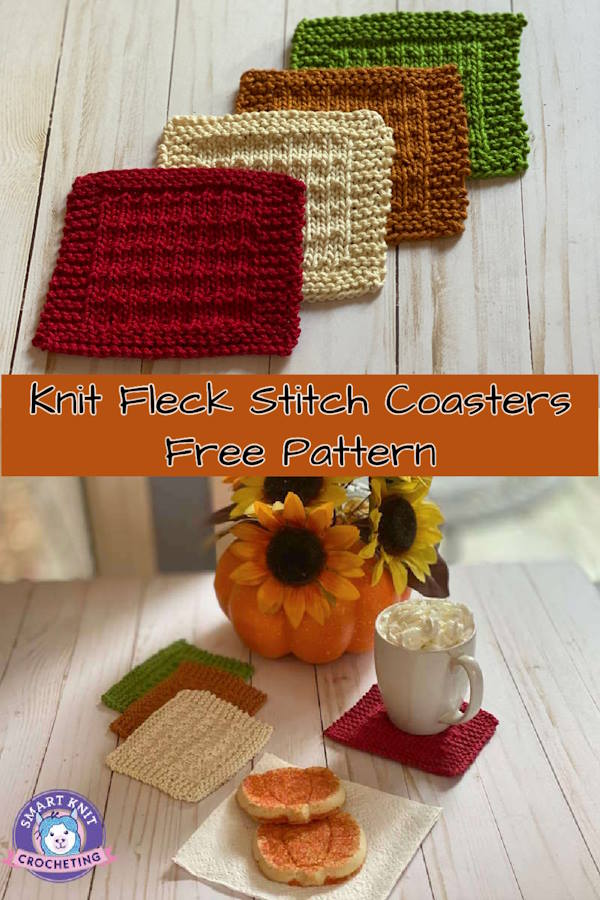 Knit fleck stitch coaster pattern in autumn colors, pin image