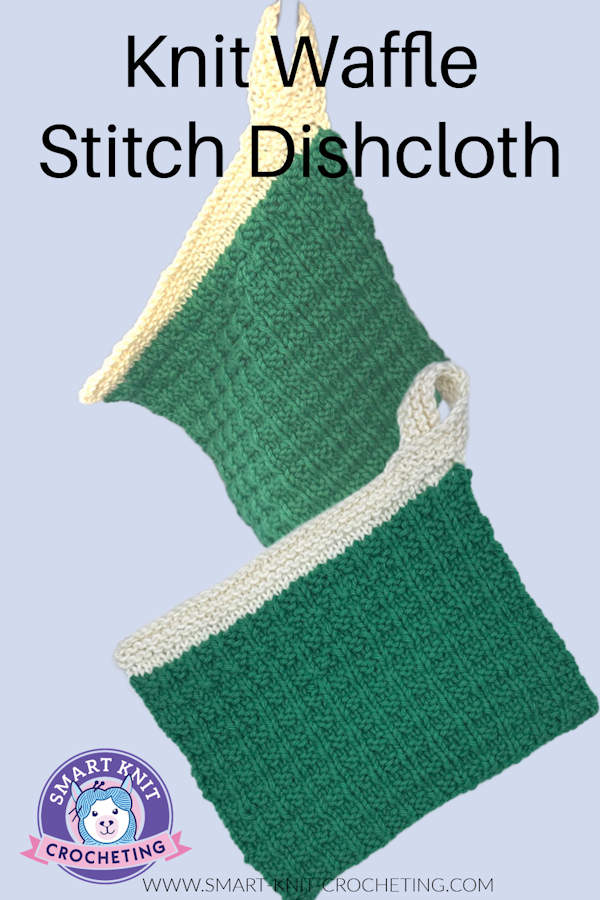 Knit waffle stitch dishcloth worked in green yarn on a pin image
