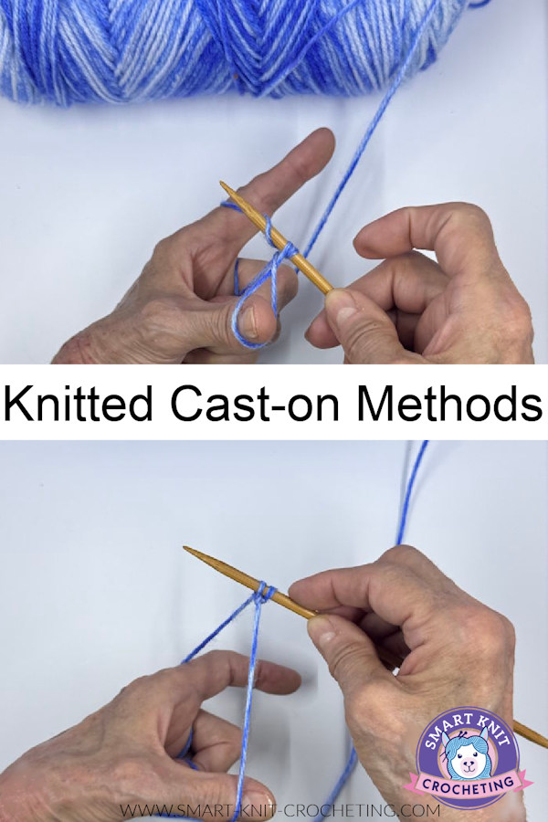 Knitting cast on methods with two photos on a pin image