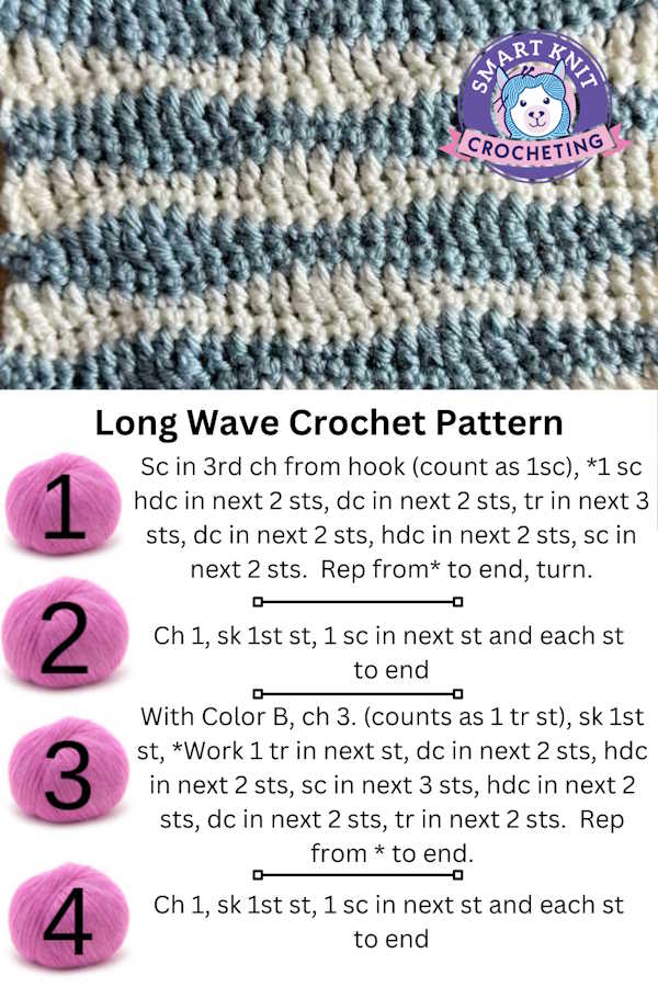 Long wave crochet stitch directions infographic
