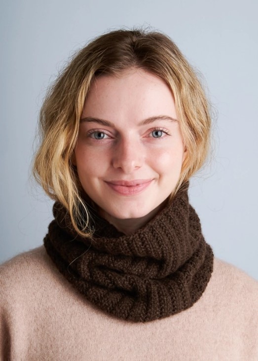 Mistake Rib Knit cowl worn by a young woman