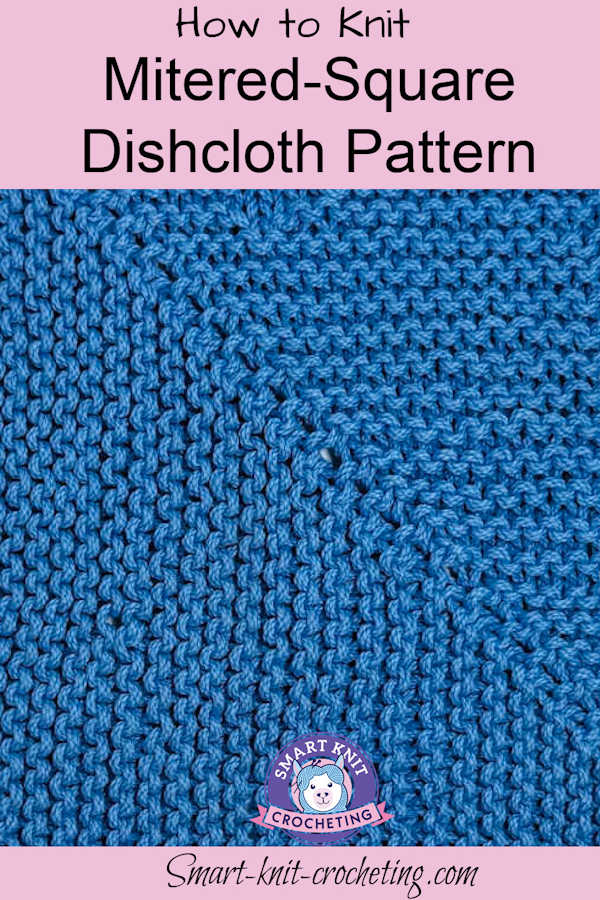 Mitered square dishcloth worked in blue cotton yarn on a pin image