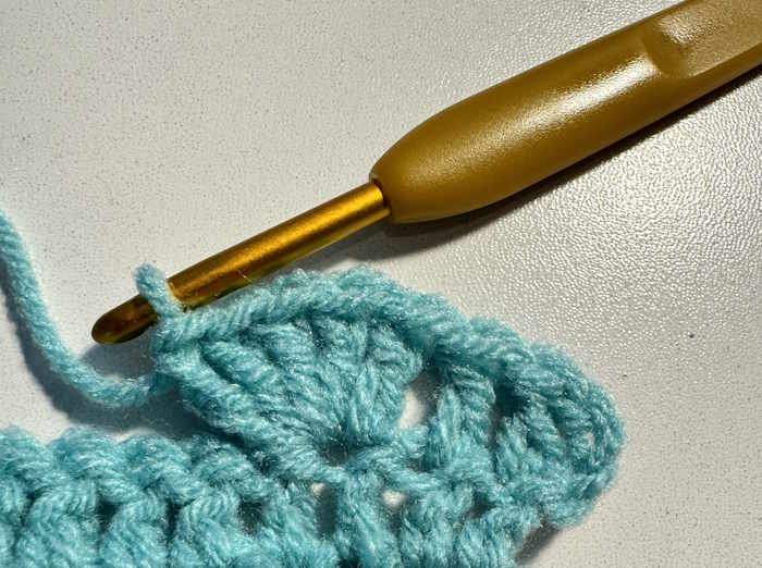 Make five double crochet stitches into the same space to  make the popcorn stitch.