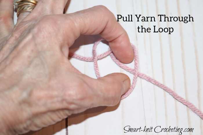 The slip knot is made using a look and piece of yarn pulled through the center of the loop. The slip knot is made using a look and piece of yarn pulled through the center of the loop.