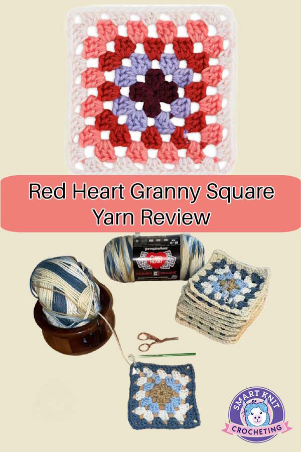 Red Heart Granny Square Yarn Review Pin showing granny squares and supplies.