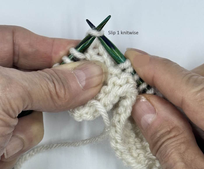 SSK, step one:  Slip 1 stitch knitwise SSK, step one:  Slip 1 stitch knitwise