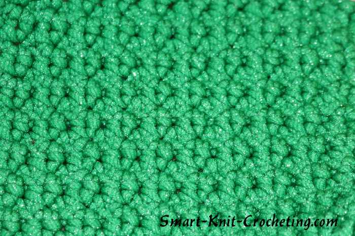 Single crochet stitch worked in scrubby yarn, number 5, color green.