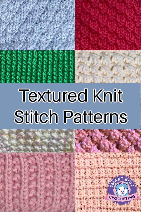 A collage of various textured knit stitch patterns in a pin image