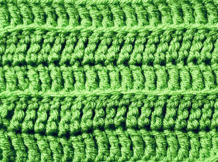 A swatch of the treble crochet stitch worked through the back loop