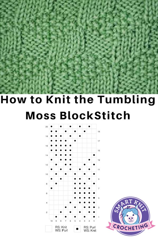 A swatch of tumbling moss block stitch and instructions in chart form in a pin image