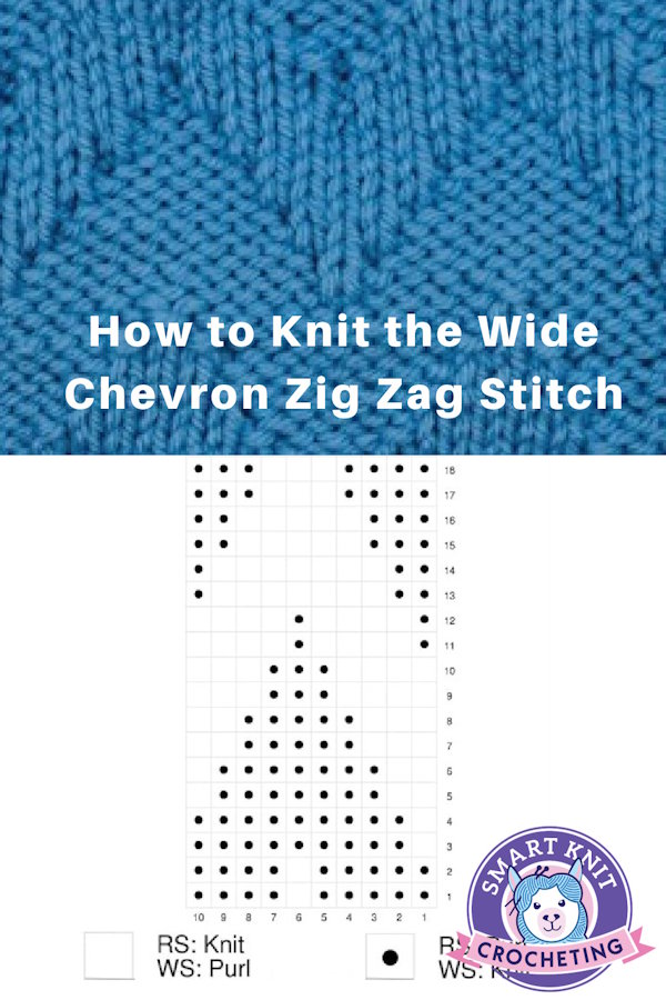 A swatch knitted with the wide chevron zig zag stitch and instructions in chart form on a pin image