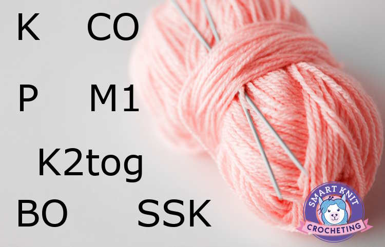 Mastering The Basic Knitting Terminology Peach yarn background with an assortment of knitting abbreviations