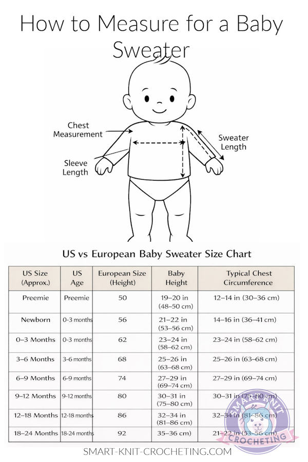 A pin image showing an infant being measured for a sweater along with a sizing chart