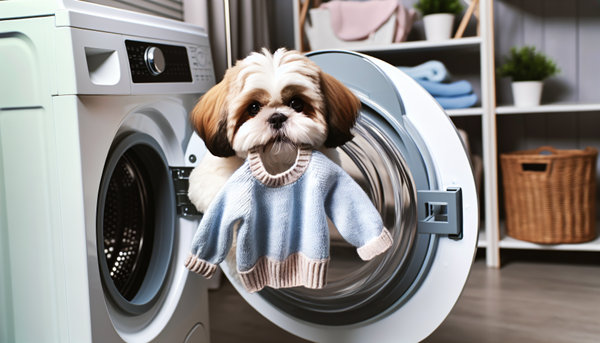 An image showing a Shih Tzu dog putting a baby sweater into a washing machine