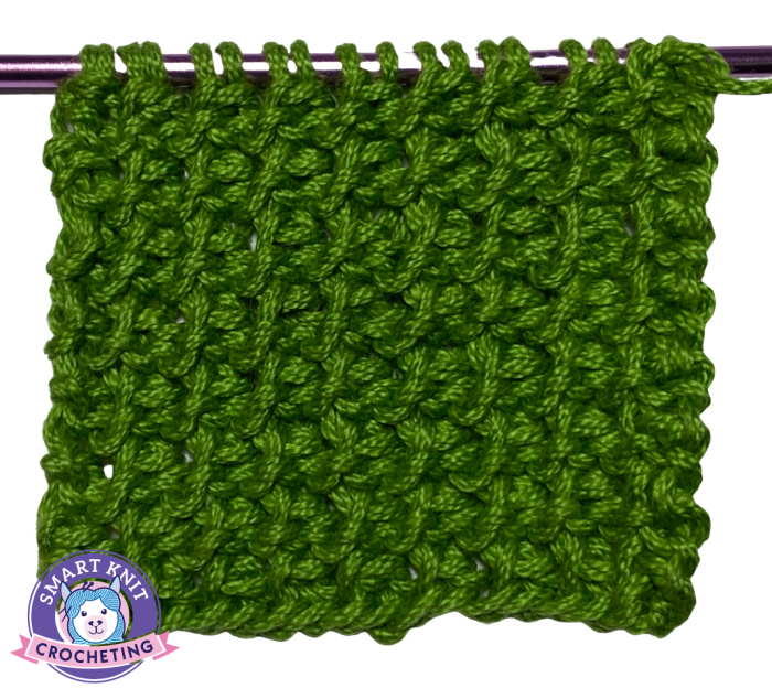 The wrong side of the bamboo knit stitch still on needles