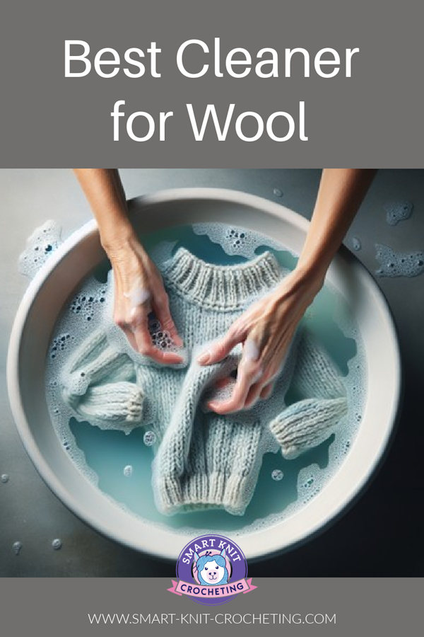 Best cleaner for wool with a bowl of soapy water, woman's hands in a pin image.