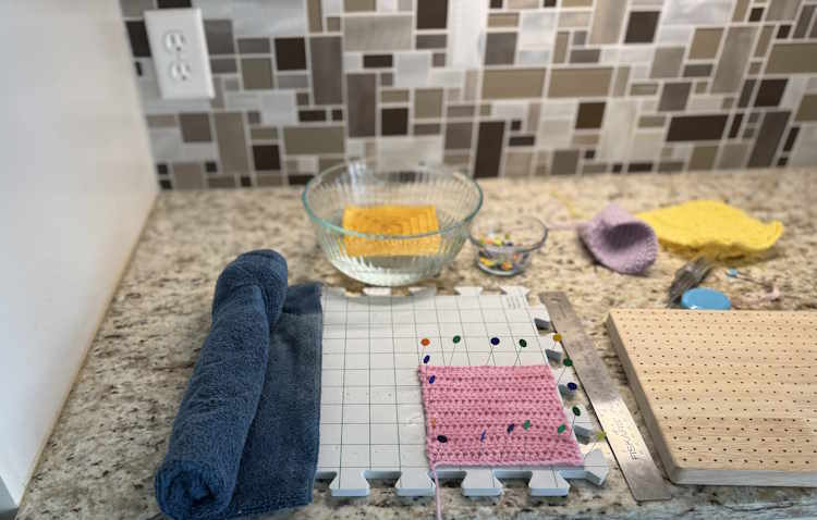 blocking crochet supplies shown as needed for blocking crochet projects.