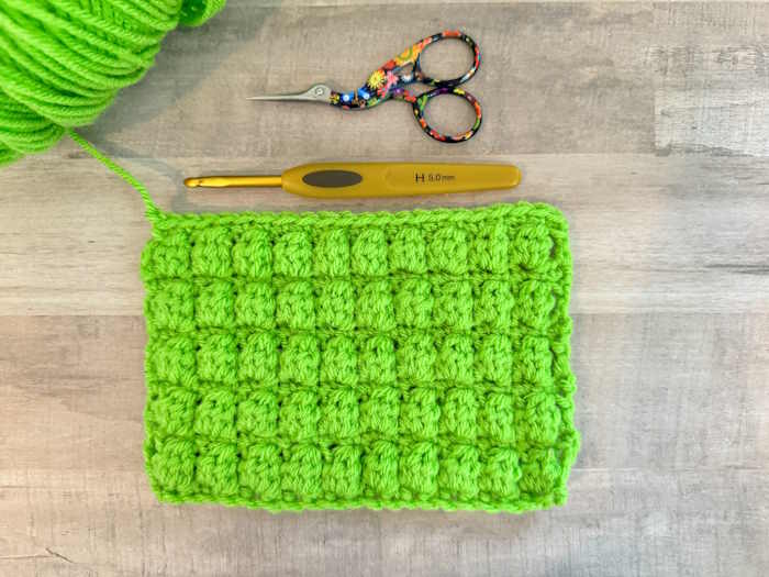 Bobble Stitch shown with yarn and scissors.