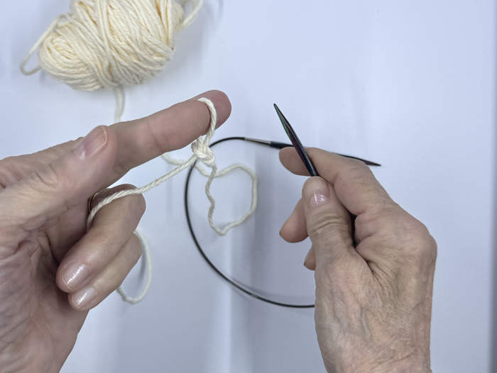 A knit slip knot is the first step to working the cable cast on method.