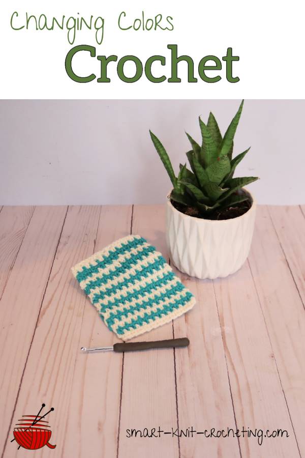 Pinnable Image of a stripped crochet swatch where color changes are displayed