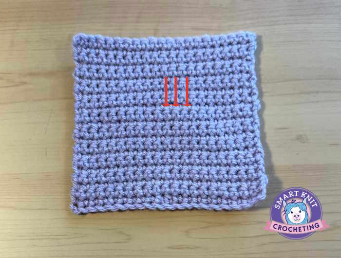a swatch of single crochet stitches with arrows that identify individual stitches  a swatch of single crochet stitches with arrows that identify individual stitches