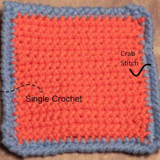 Crab stitch crochet thumbnail image worked in orange and blue yarn
