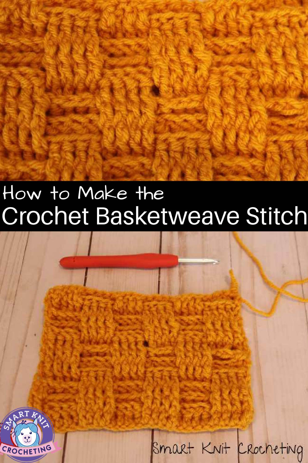 A sample of the crochet basketweave stitch is shown on the hook and also as a closeup, pin image