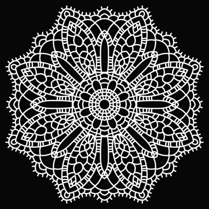 Drawing of a crochet doilie on a black background
