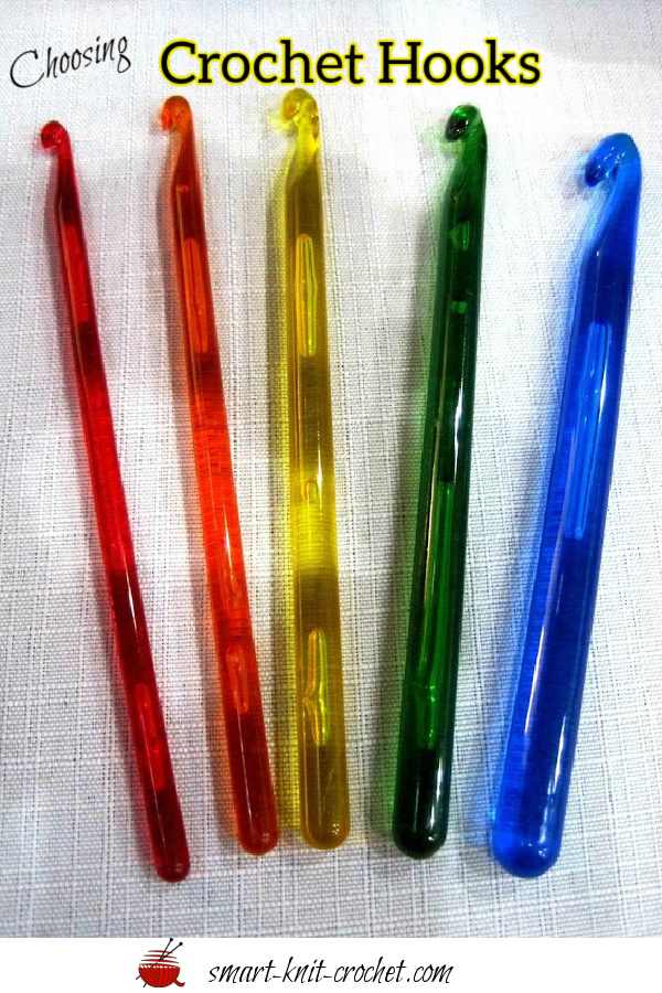 Crochet hooks in five different colors (Pinnable image)