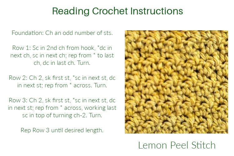 Side by side images of a crochet swatch and written instructions Side by side images of a crochet swatch and written instructions