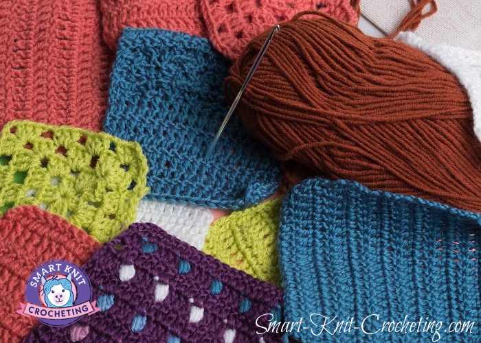variety of various crochet stitches done in blue, yellow, white, and rust color.