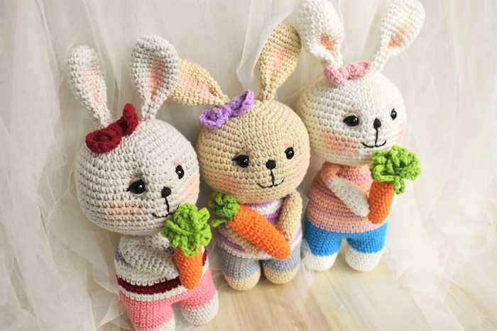 Three crochet bunny toys