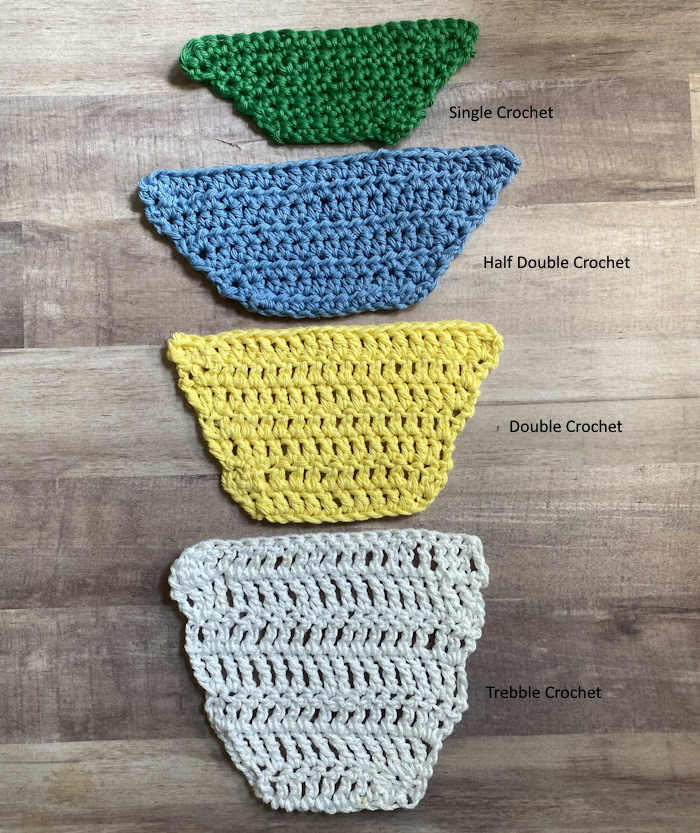 Four crochet swatches showing increases in single, half-double-double, and treble crochet stitches