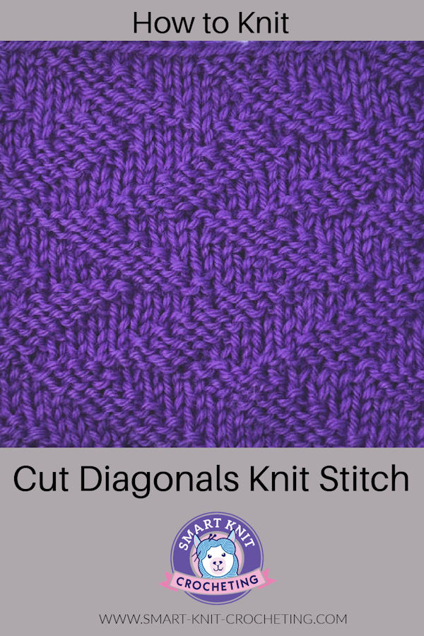 The cut diagonals swatch worked with purple yarn on a pin image