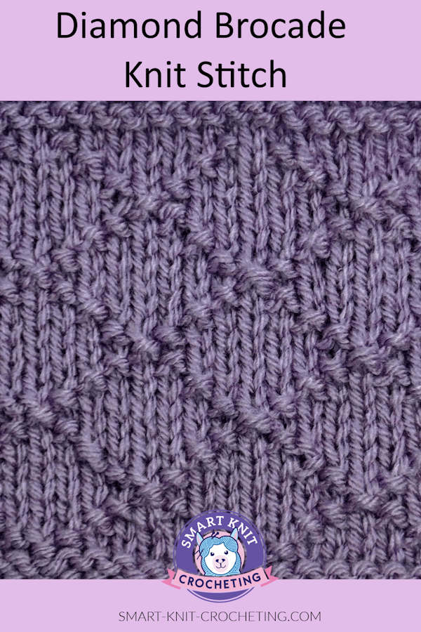 The diamond brocade stitch pattern worked in purple yarn on a pin image