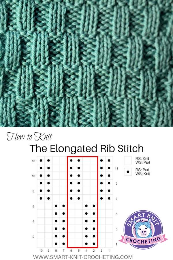 The elongated rib stitch worked in green yarn and a printed chart on a pin image