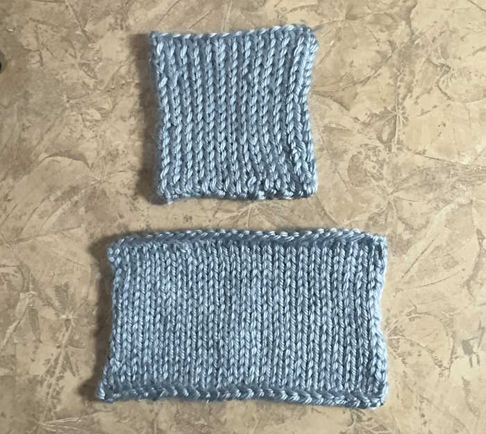 Two swatches, the regular stockinette stitch and double stockinette stitch.
